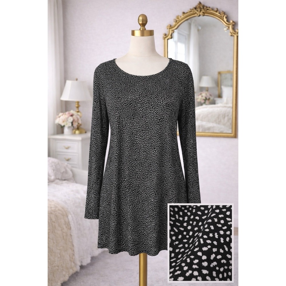 J. Jill Wearever Knit Tunic Top Black With Tan Print Pullover Comfort Size S